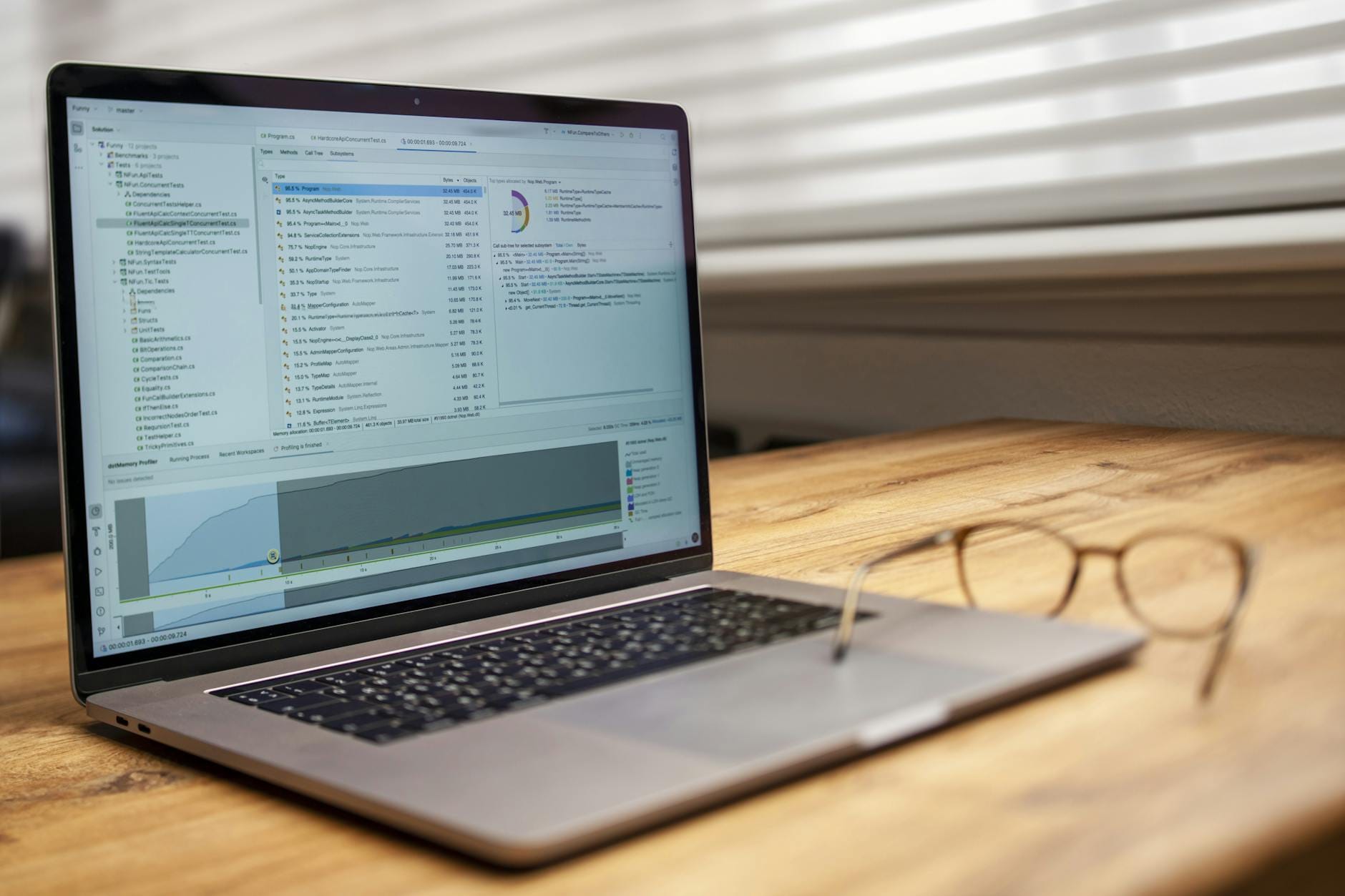 Laptop z analizą danych na biurku i leżące obok okulary